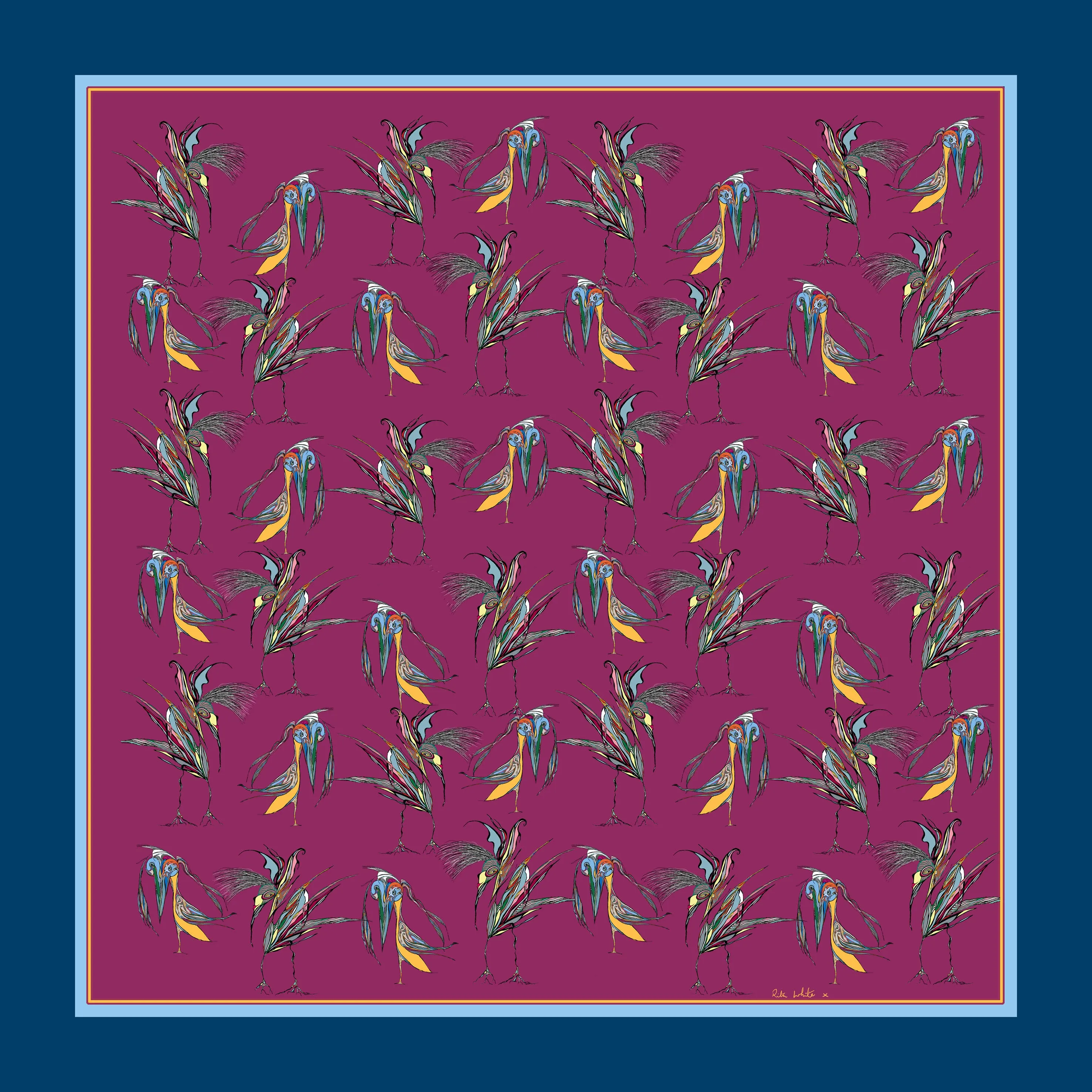 100% Silk Pocket Square in Purple Birds Pattern