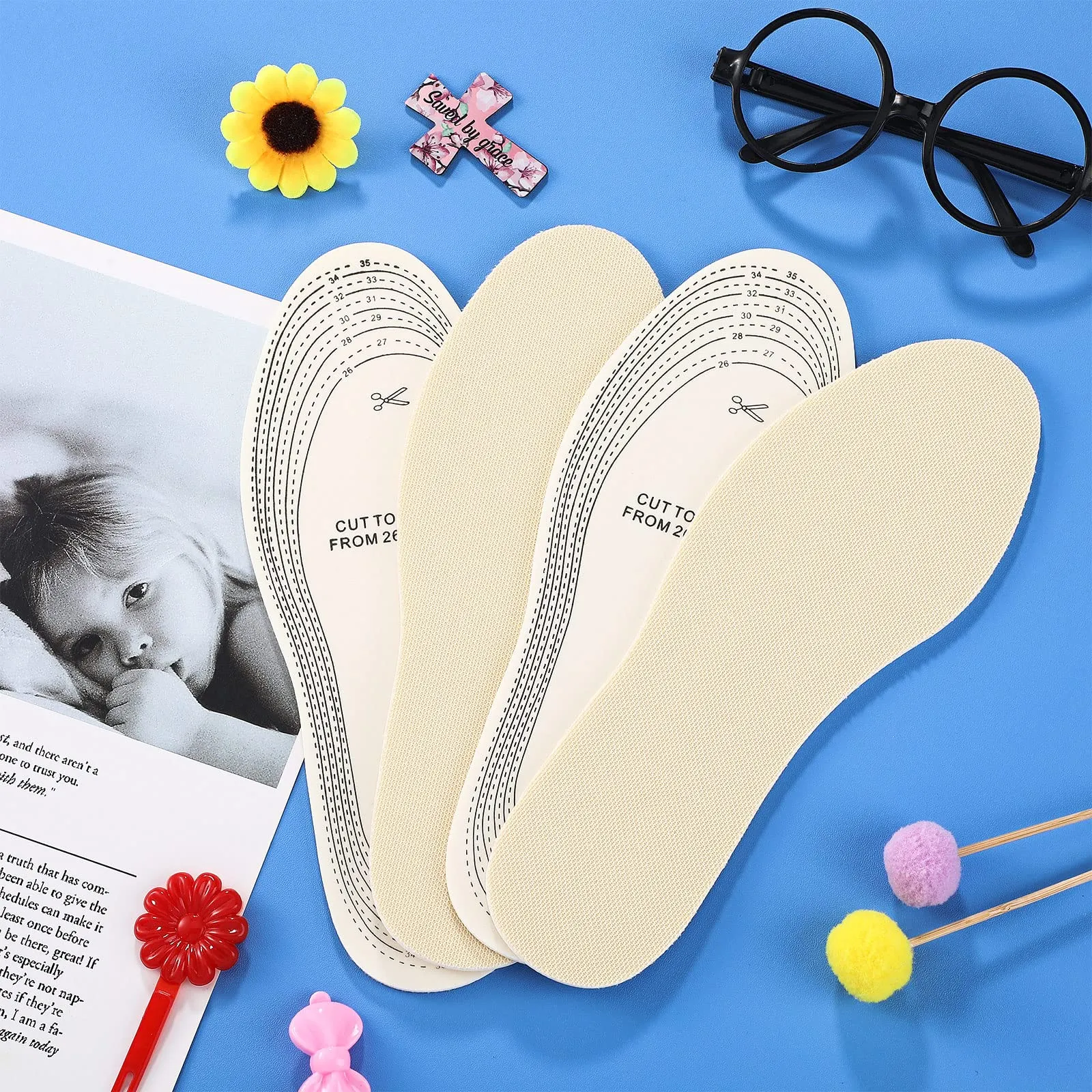 2 Pairs Kids Sole Insoles Shoe Insoles Women Toddler Shoe Filler Children Memory Sponge Insoles Breathable Latex Shoe Inserts, Cutting Size Soft Washable Replacement Insole for Spring Summer (Beige) Beige