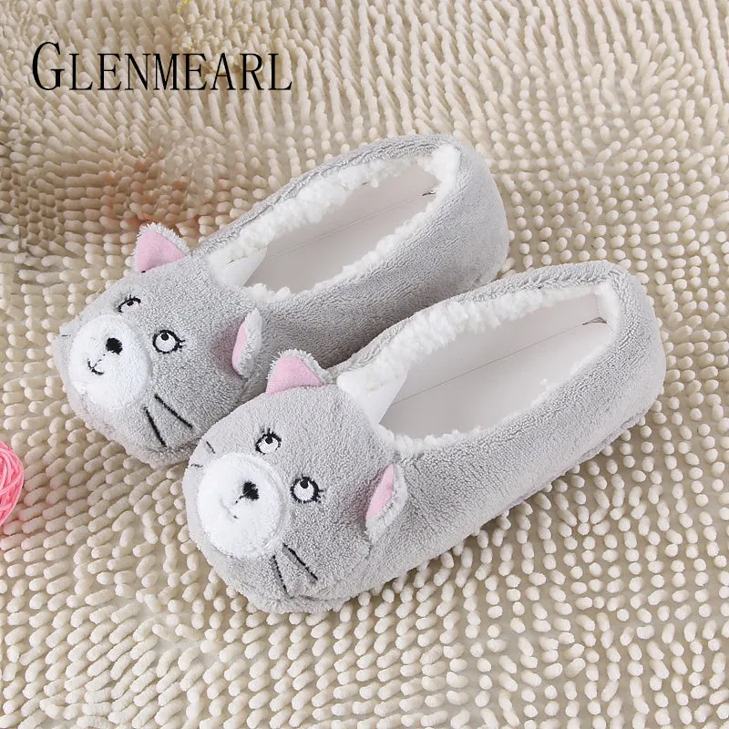 2017 New Warm Flats Soft Sole Women Indoor Floor Slippers/Shoes Animal Shape White Gray Cows Pink Flannel Home Slippers 6 Color