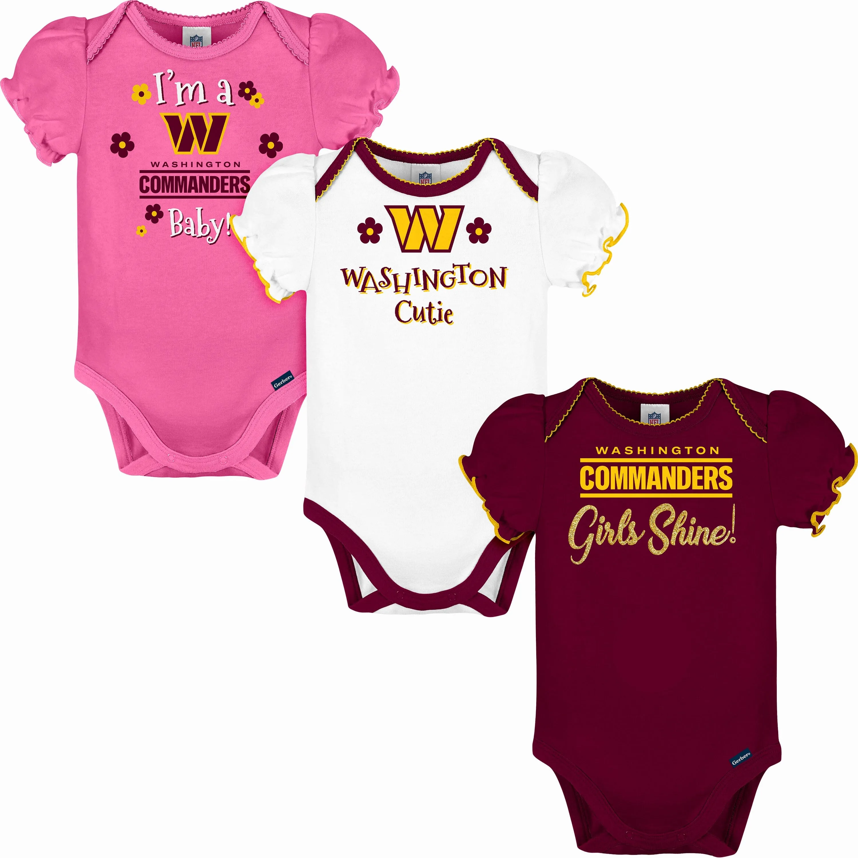 3-Pack Baby Girls Washington Commanders Short Sleeve Bodysuits