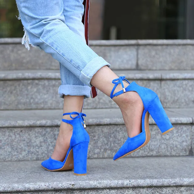 6 Colors Pointed Strappy Pumps Sexy Retro High Thick Heels Shoes 2107 New Woman Shoes Female Lace Up Shoes