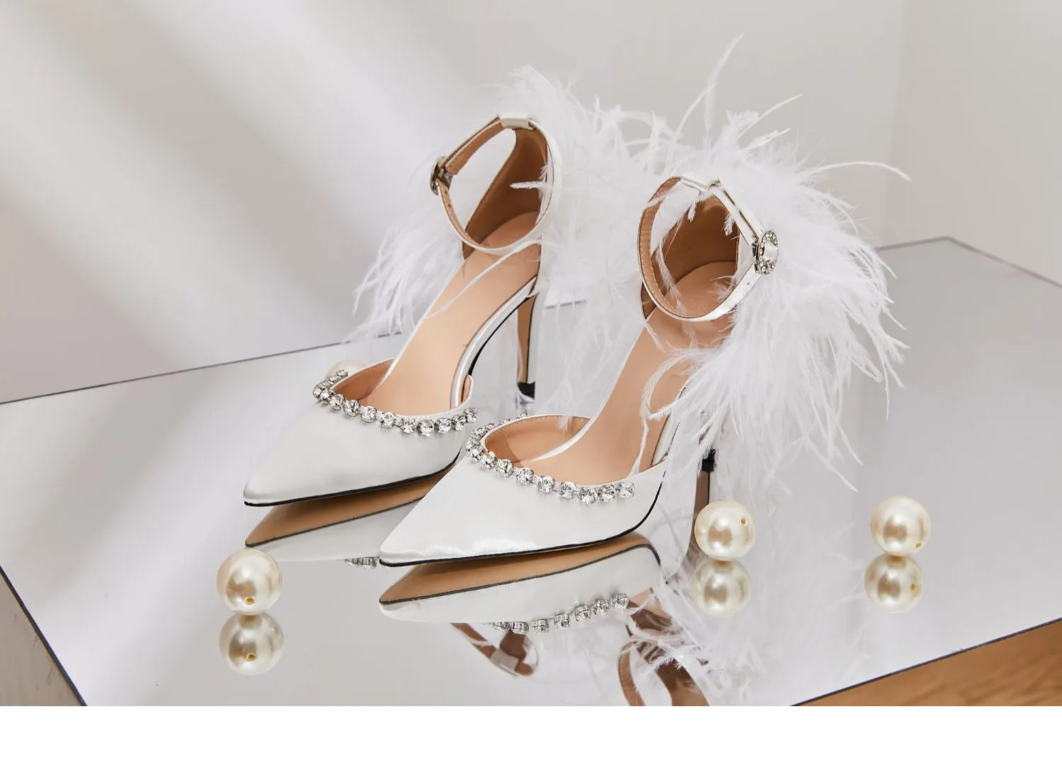 B-FEI niche gorgeous feather rhinestone high heels wedding evening shoes- Toria