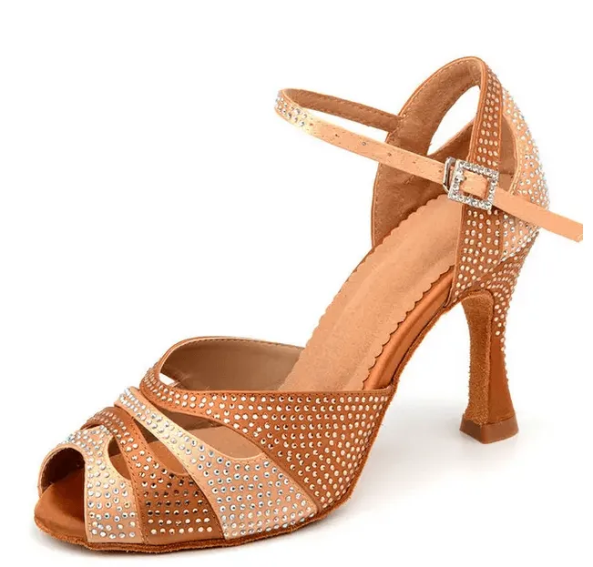 Ballroom Dance Shoes for Women Suntan Rhinestone Latin Shoes