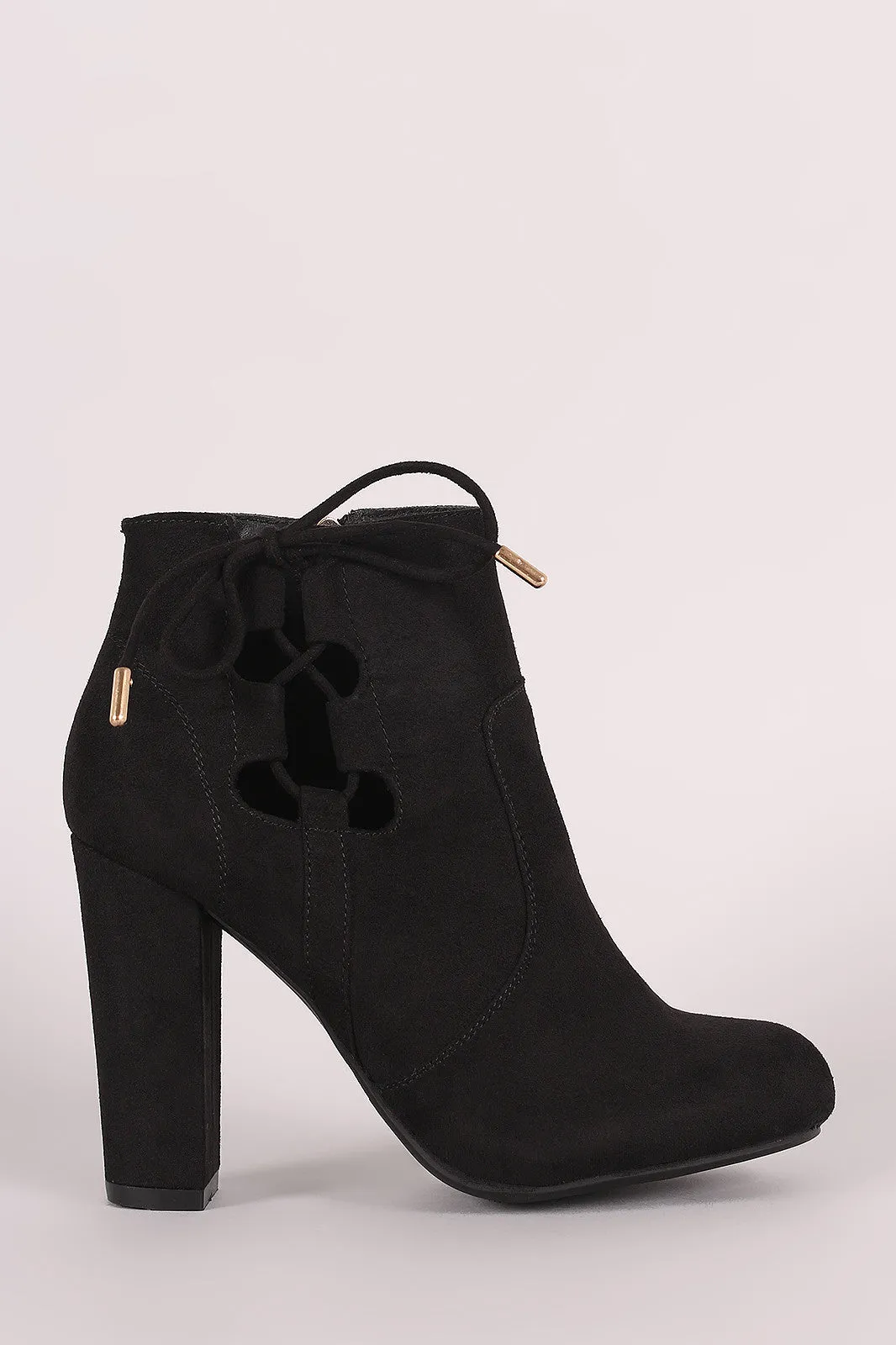 Bamboo Side Lace Up Round Toe Chunky Heel Booties