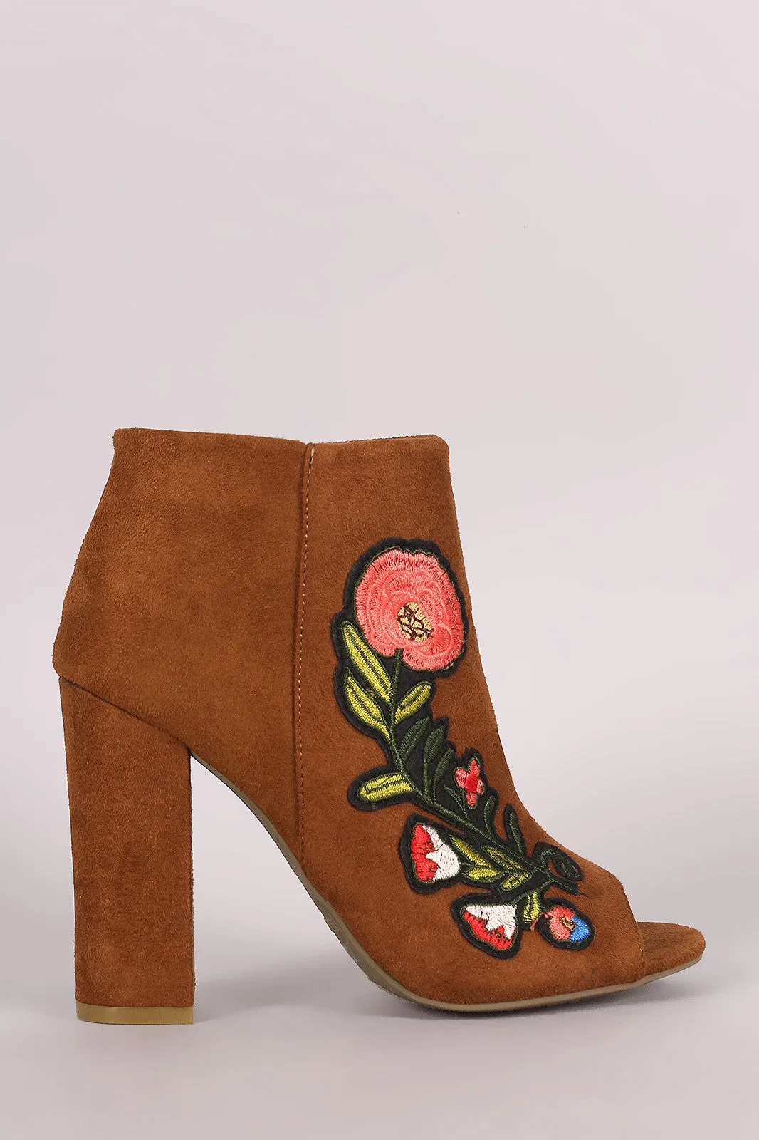 Bamboo Suede Floral Patch Chunky Heeled Ankle Boots