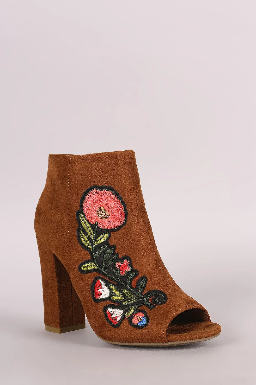 Bamboo Suede Floral Patch Chunky Heeled Ankle Boots