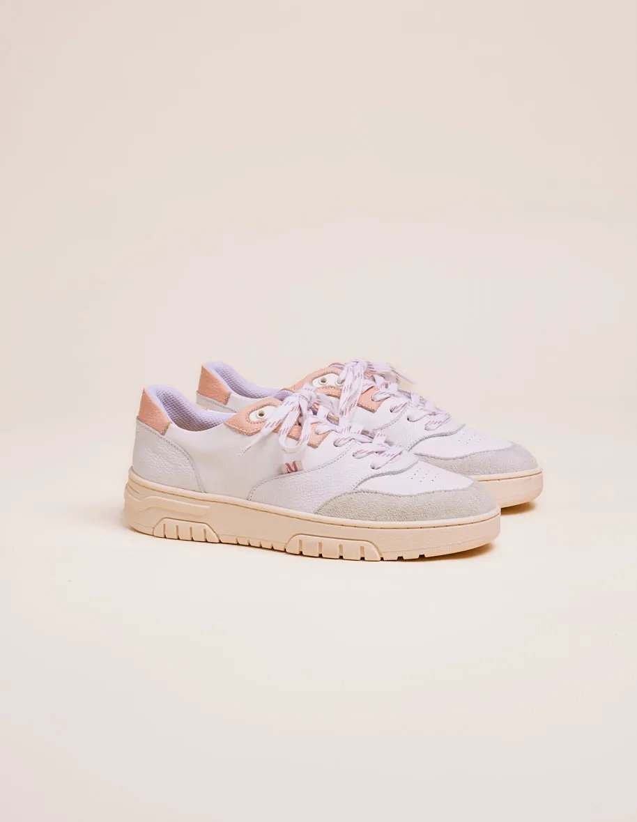 Baskets basses Albertine - Cuir et cuir grainé blanc rose clair