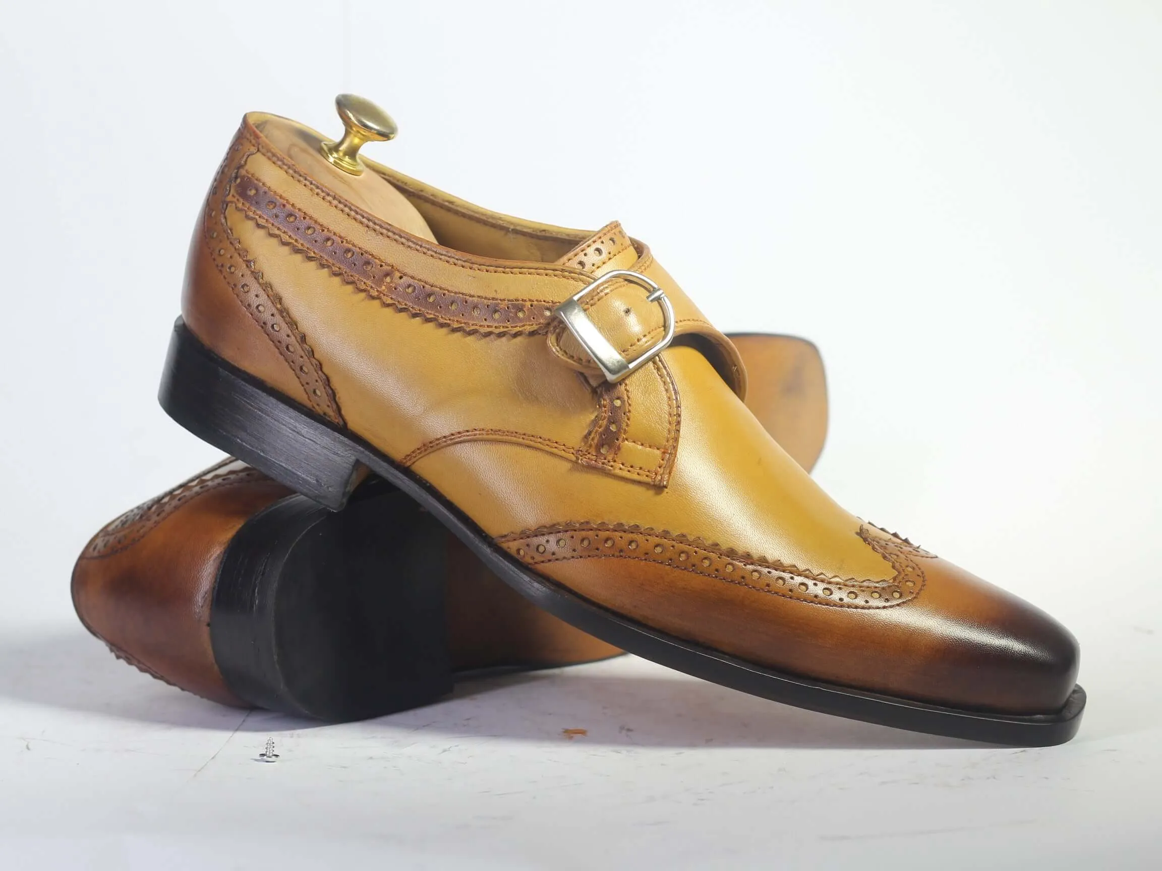 Bespoke Tan Brown Leather Buckle up Shoes for Men's