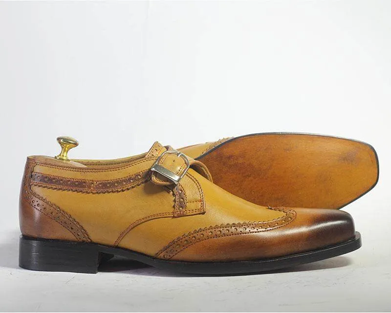 Bespoke Tan Brown Leather Buckle up Shoes for Men's