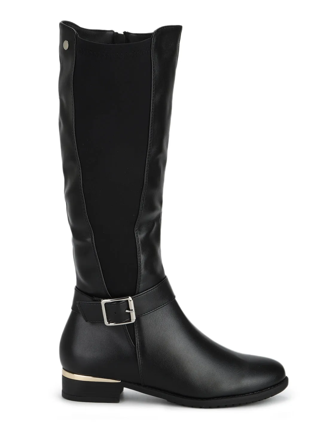 Black PU Buckle Detail Long Boots