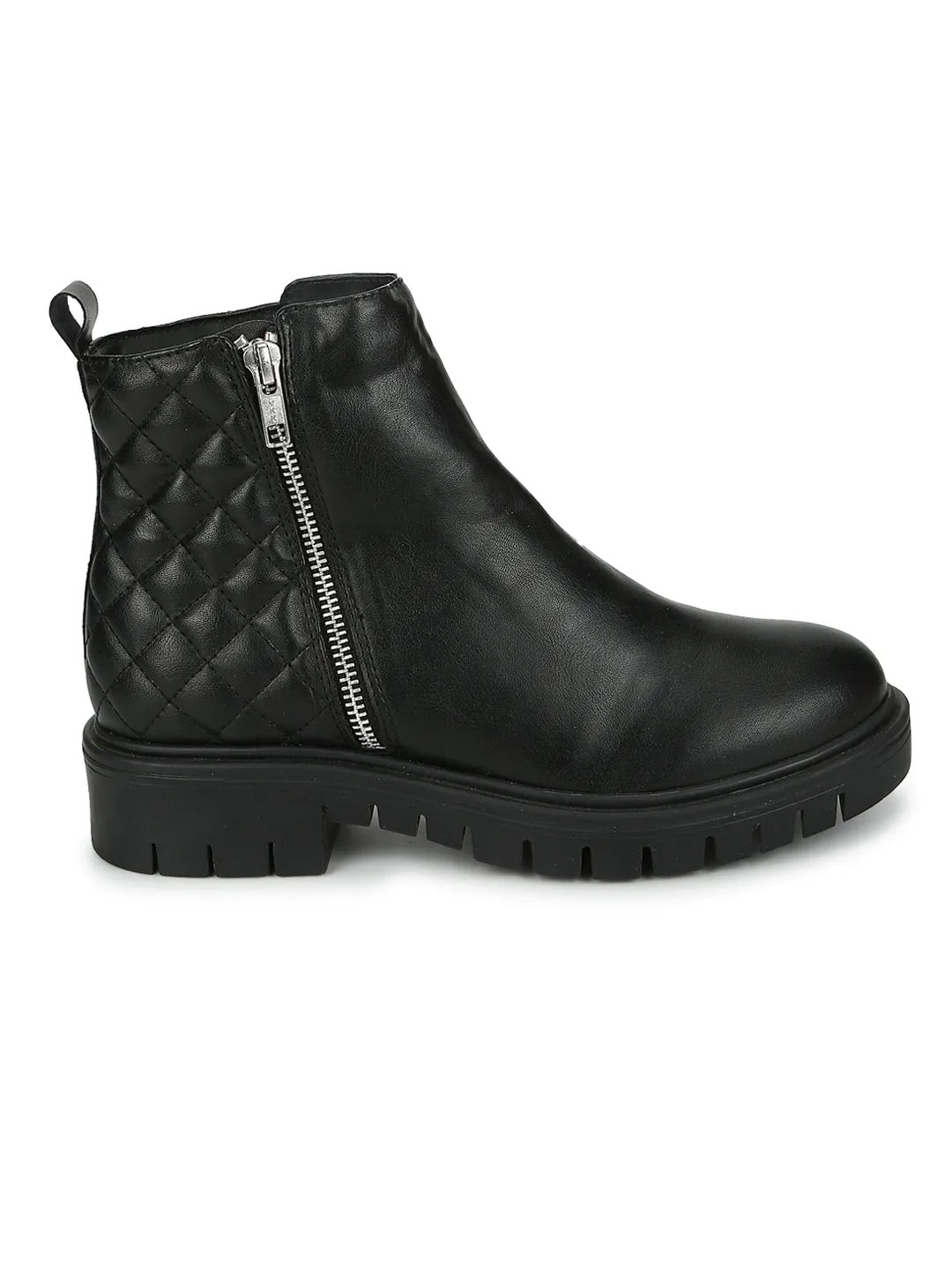 Black PU Quilted Zip Up Ankle Boots