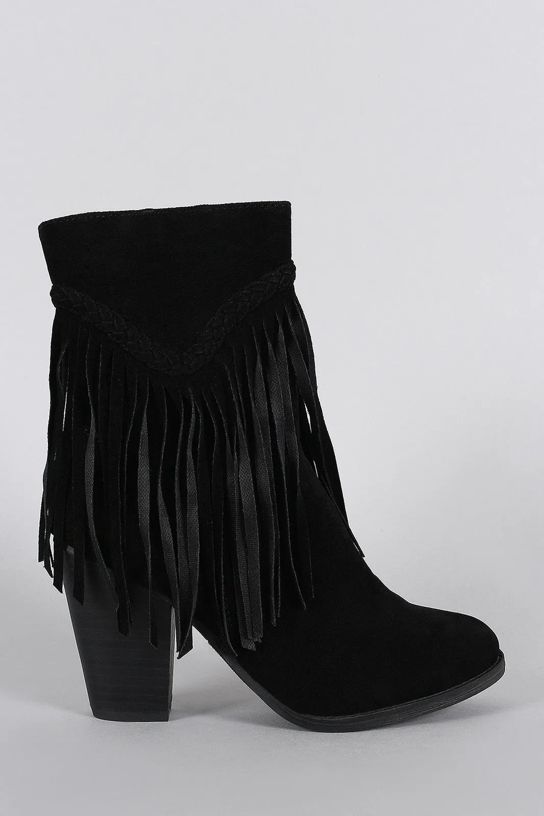 Breckelle Suede Braided Fringe Heeled Ankle Boots