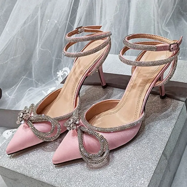 Butterfly-Knot Bling Crystal Pointed Toe Pumps High Heels