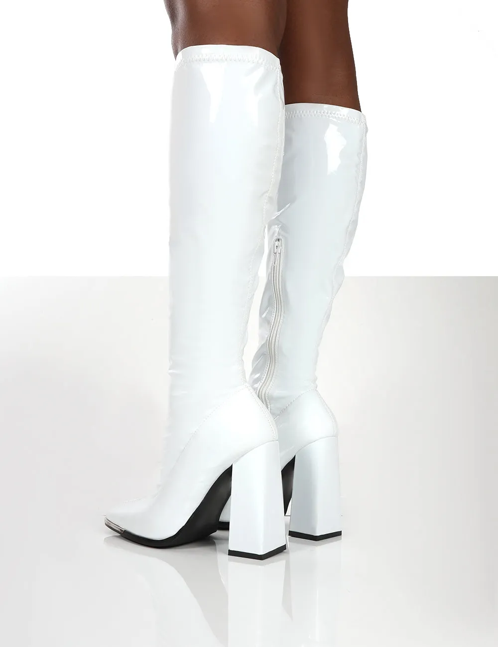 Caryn White Patent Wide Fit Knee High Block Heeled Boots