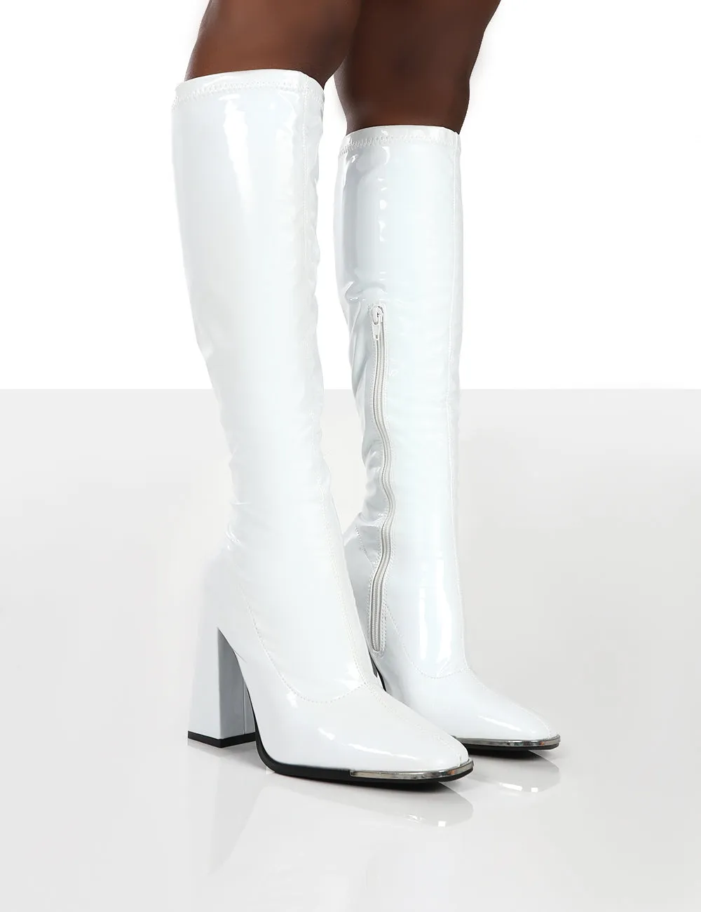 Caryn White Patent Wide Fit Knee High Block Heeled Boots