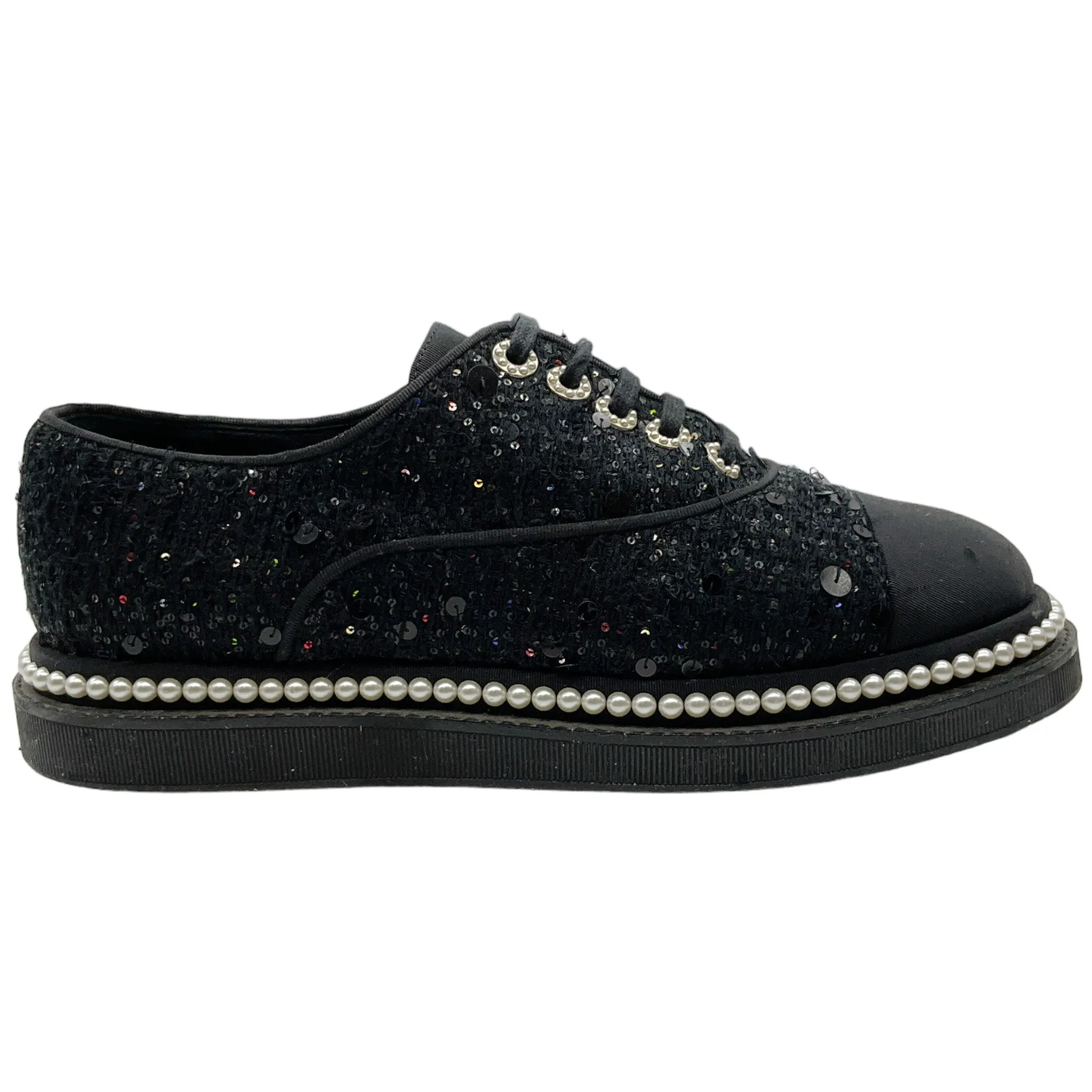 Chanel Black Sequined Lace Up Oxfords with Pearls