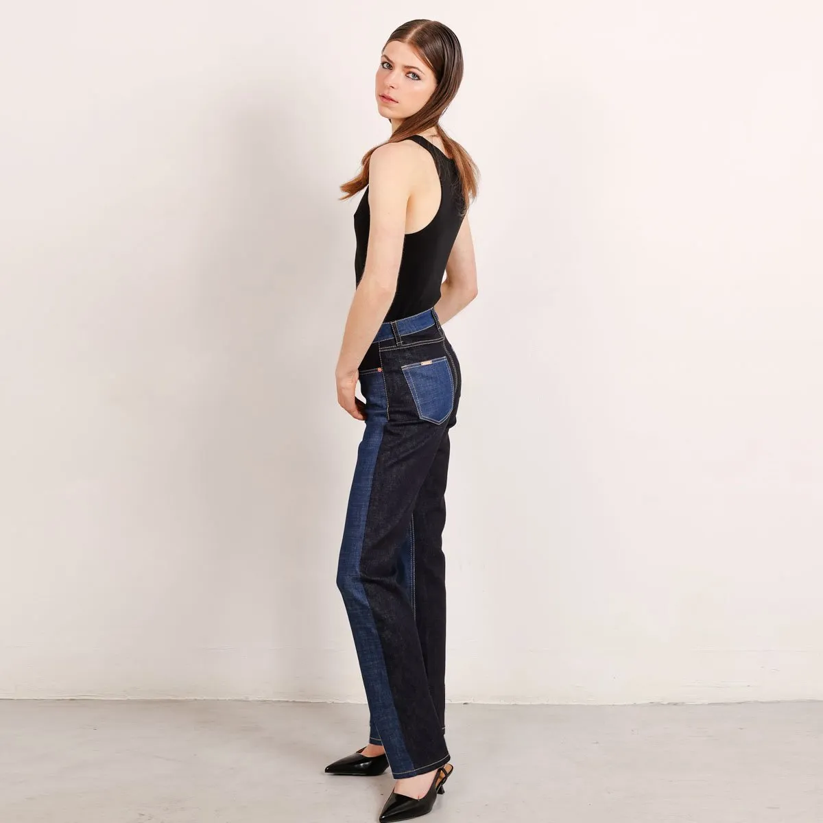 Color Block Long Jeans in 2 Tones of Blue