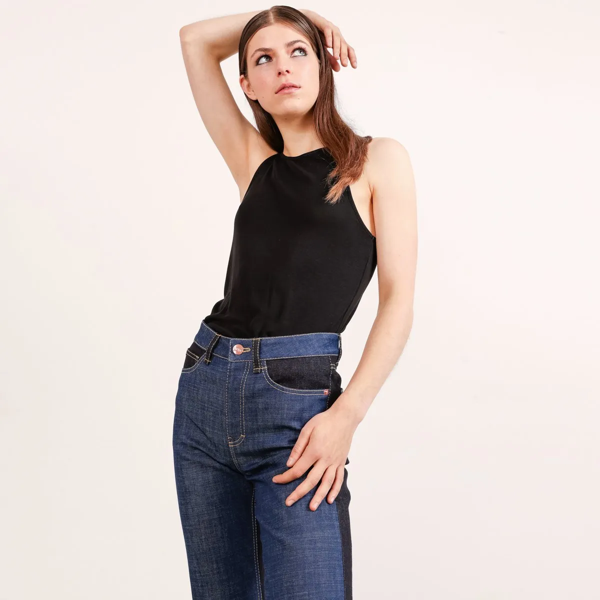 Color Block Long Jeans in 2 Tones of Blue