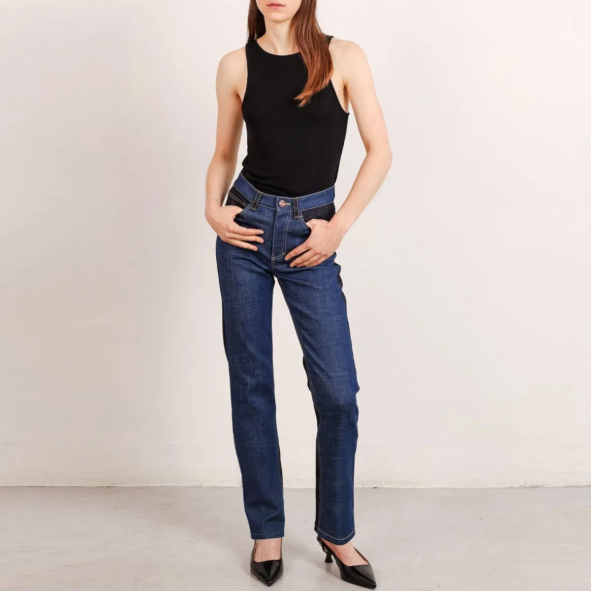 Color Block Long Jeans in 2 Tones of Blue