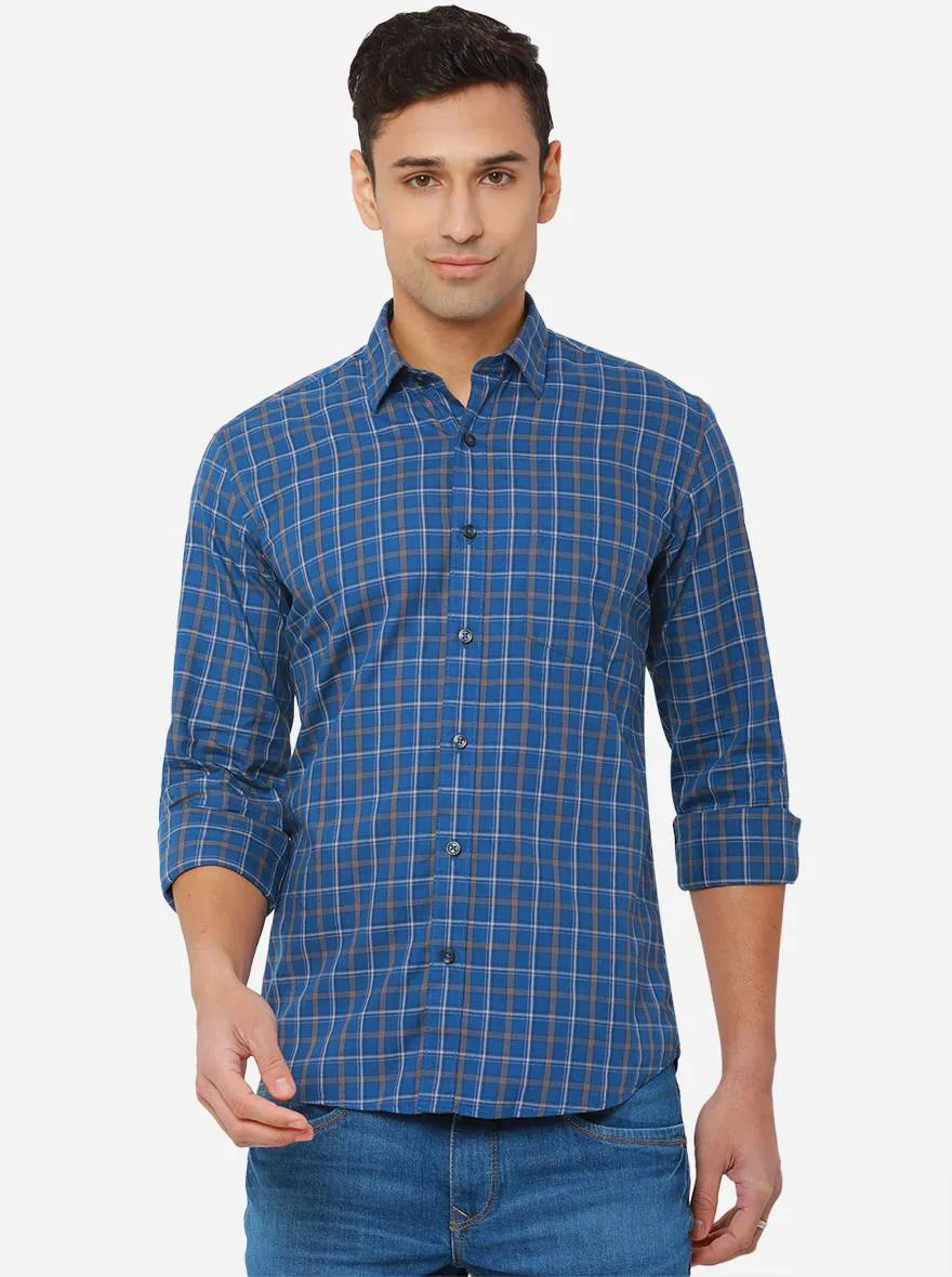 Cornflower Blue Checked Slim Fit Casual Shirt | JadeBlue