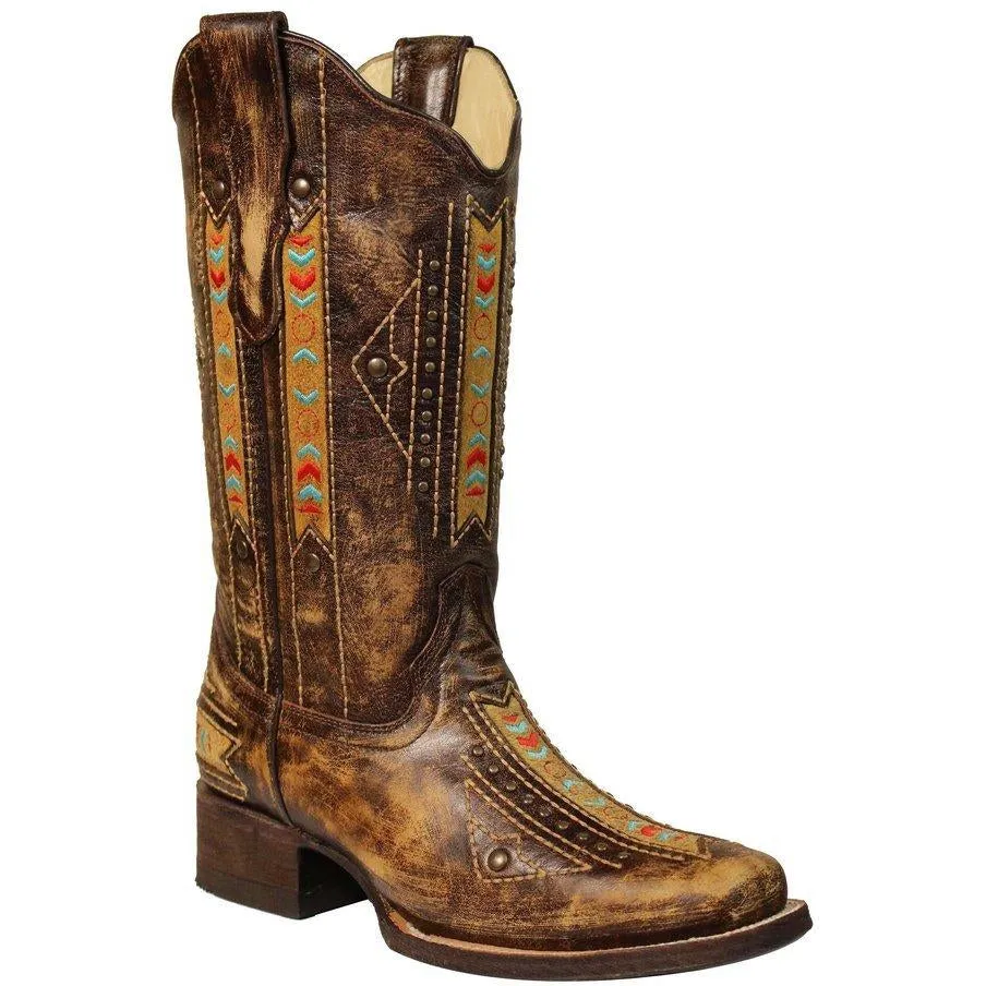 Corral Boots Cognac Ethnic Embroidery & Inlay with Stud Boots E1185