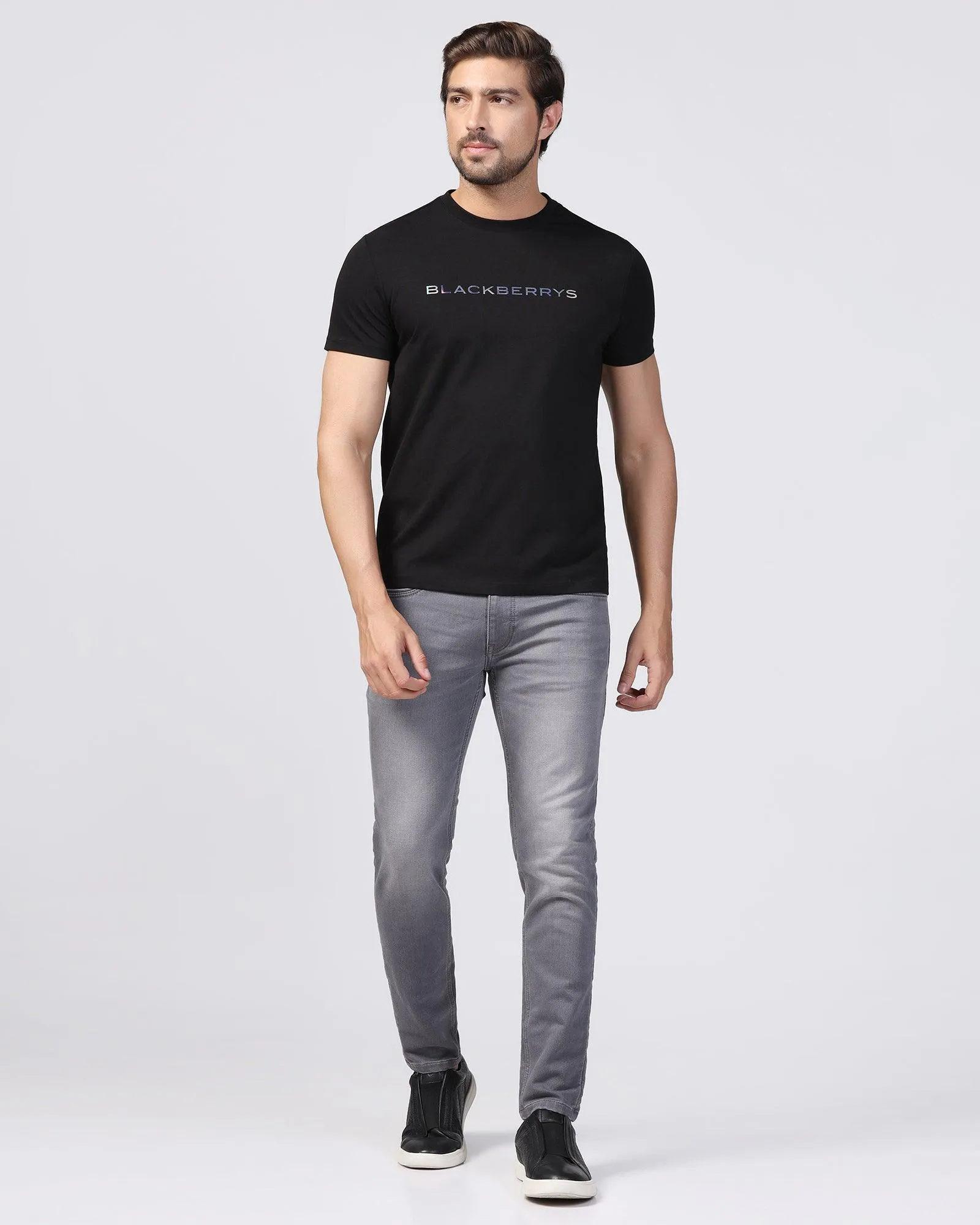 Crew Neck Black Printed T-Shirt - Rumba