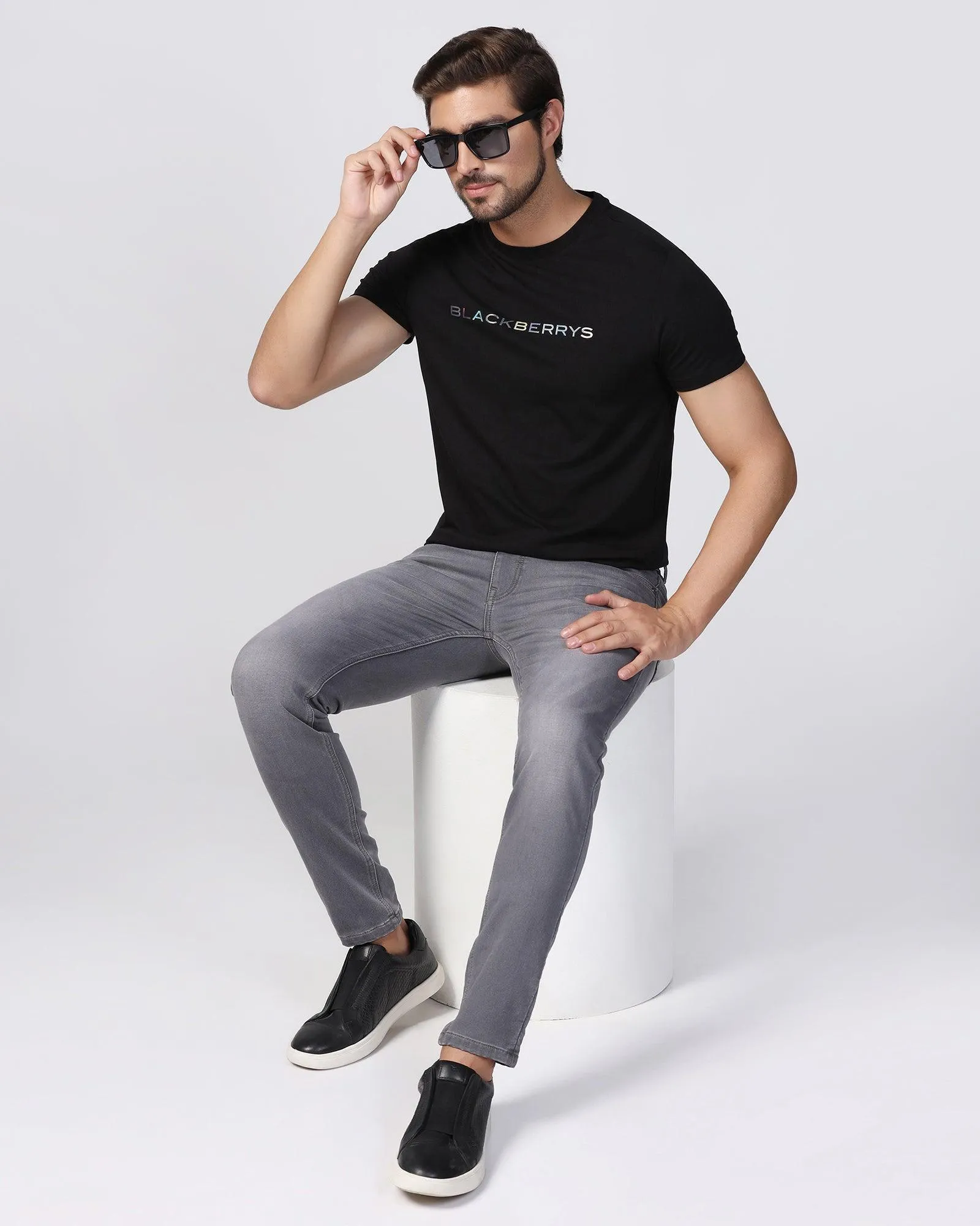 Crew Neck Black Printed T-Shirt - Rumba