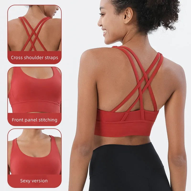 Cross Back Nylon Yoga Top  Sports Bra Quick Dry Fitness Bra