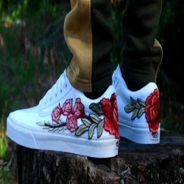 Custom Embroidered White Rose Vans Stay Low Sneakers Shoes