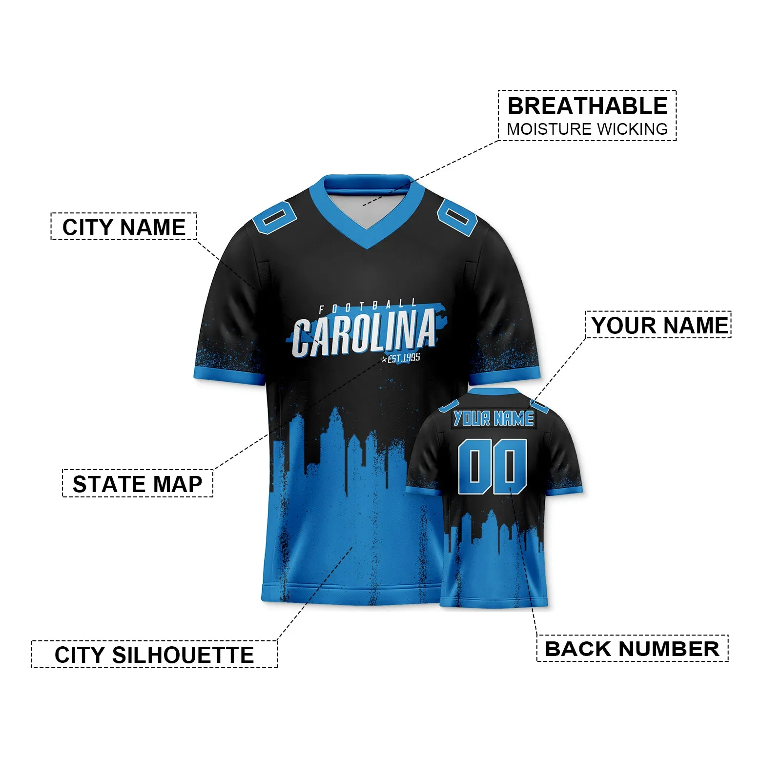 Custom Football Jersey Carolina Panthers City Map Graffiti Shirt Unisex Personalized Name and Number for Men Women Youth Football Fans Gift