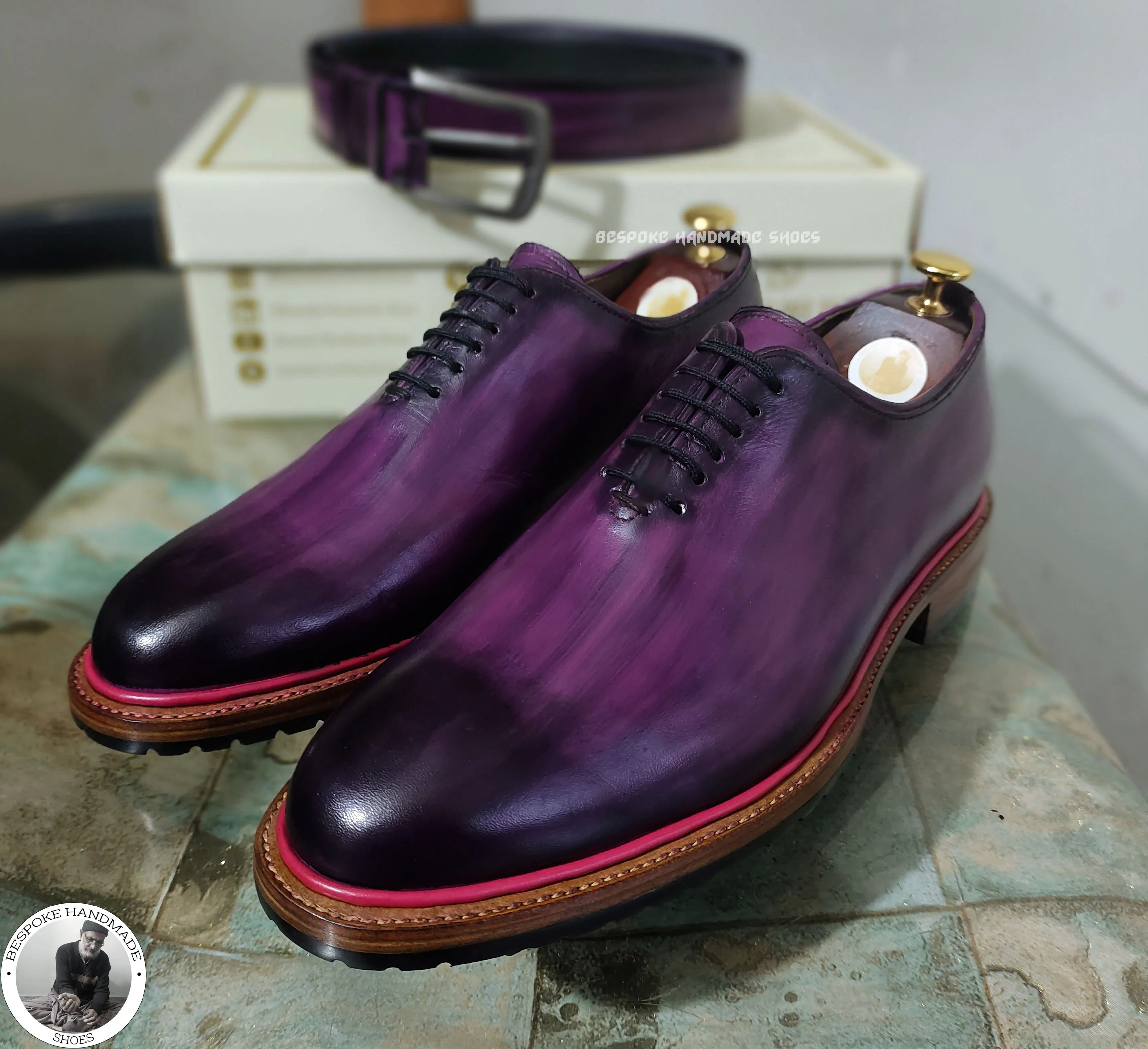 Custom Made Pure Handmade Purple Leather Black Shaded Lace Up Oxford Shoes For Men, Wholecut Shoes For Men's