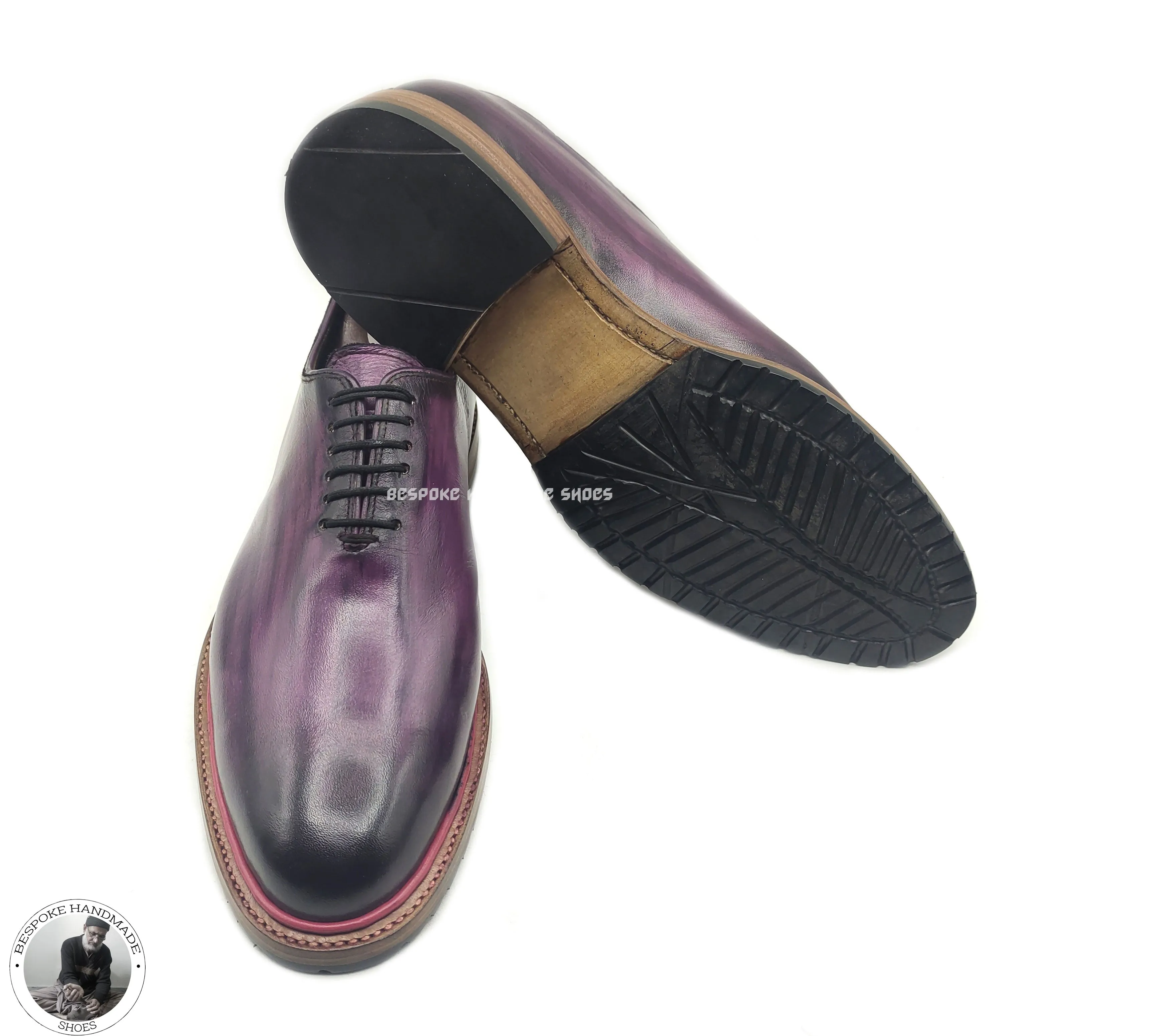 Custom Made Pure Handmade Purple Leather Black Shaded Lace Up Oxford Shoes For Men, Wholecut Shoes For Men's