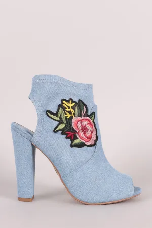 Delicious Denim Floral Patch Peep Toe Chunky Heeled Booties