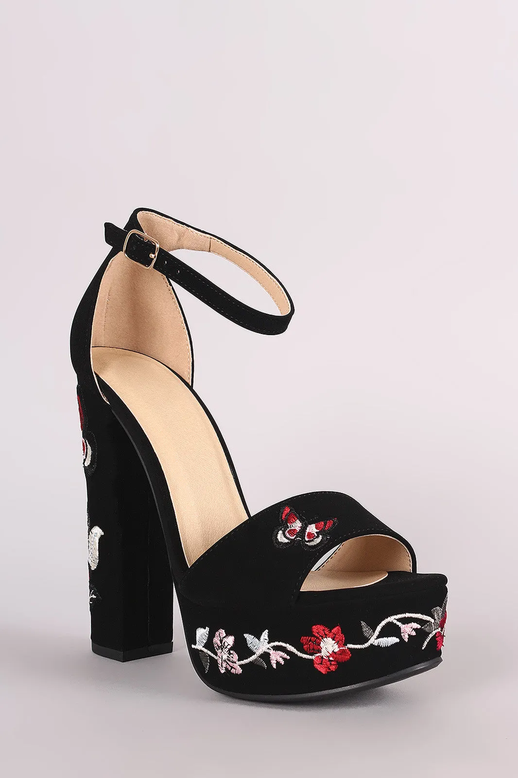 Delicious Nubuck Butterfly And Flower Chunky Platform Heel