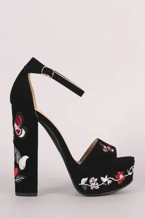 Delicious Nubuck Butterfly And Flower Chunky Platform Heel