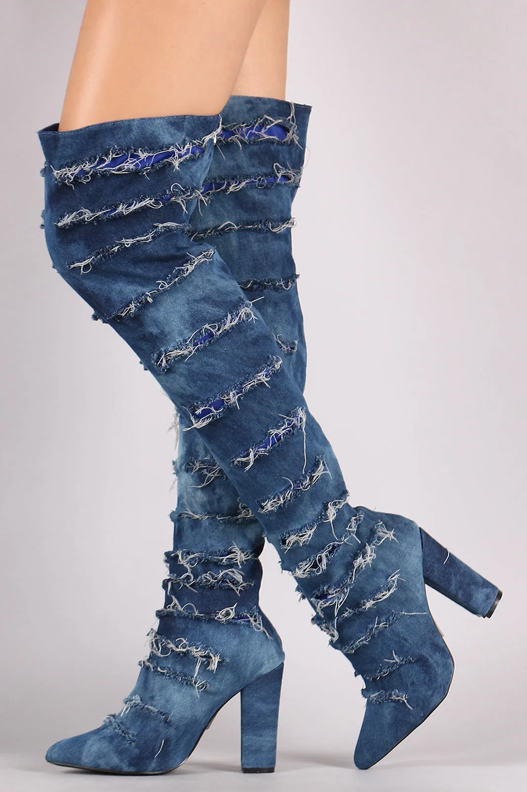 Distressed Denim Chunky Heeled Over-The-Knee Boots