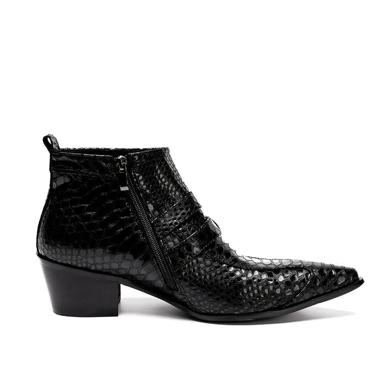 Exquisite Snakeskin Pointed Toe Ankle Zipper Boots