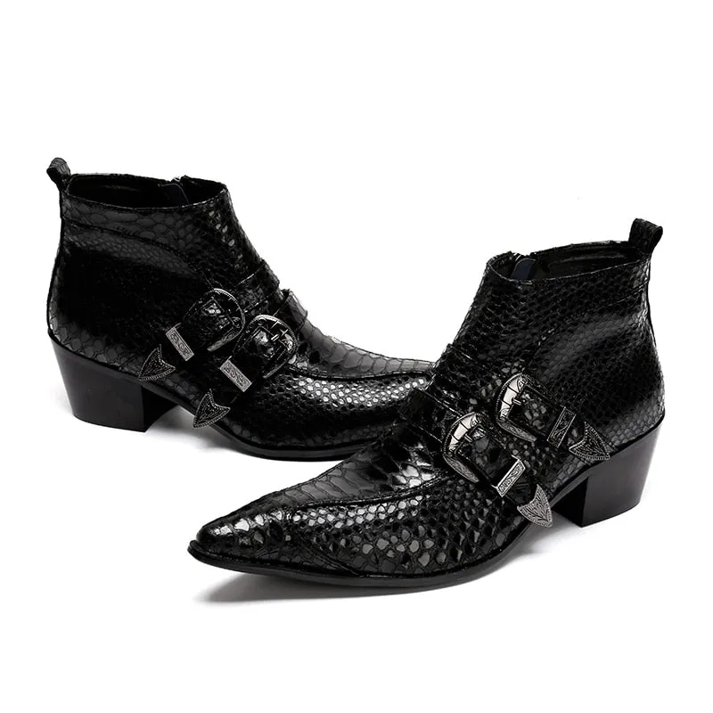 Exquisite Snakeskin Pointed Toe Ankle Zipper Boots