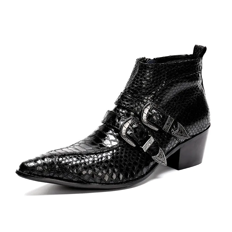 Exquisite Snakeskin Pointed Toe Ankle Zipper Boots