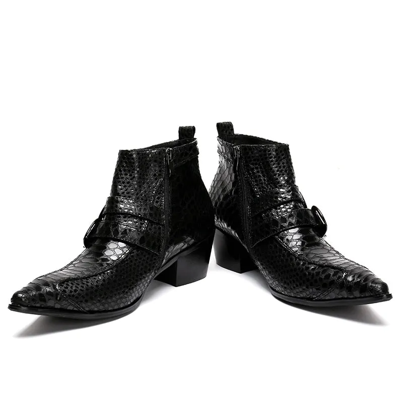 Exquisite Snakeskin Pointed Toe Ankle Zipper Boots