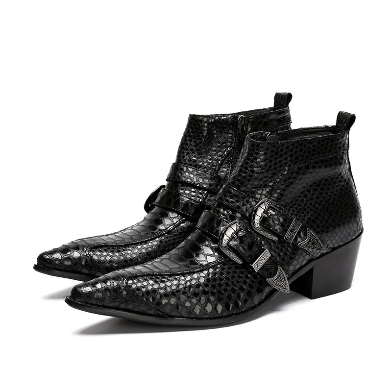 Exquisite Snakeskin Pointed Toe Ankle Zipper Boots