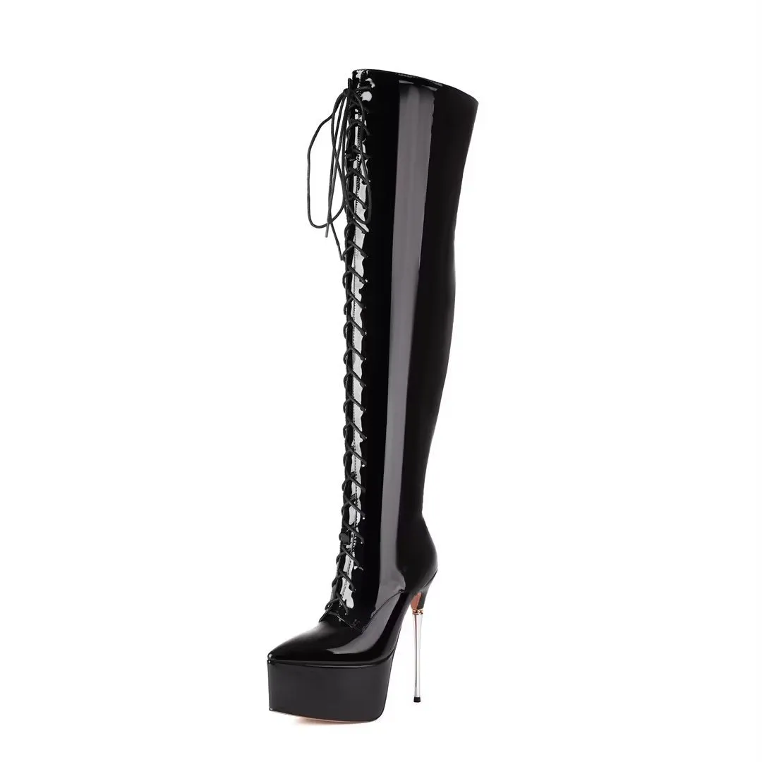 FemmeTower Smooth High-Heel Lace-Up Boots