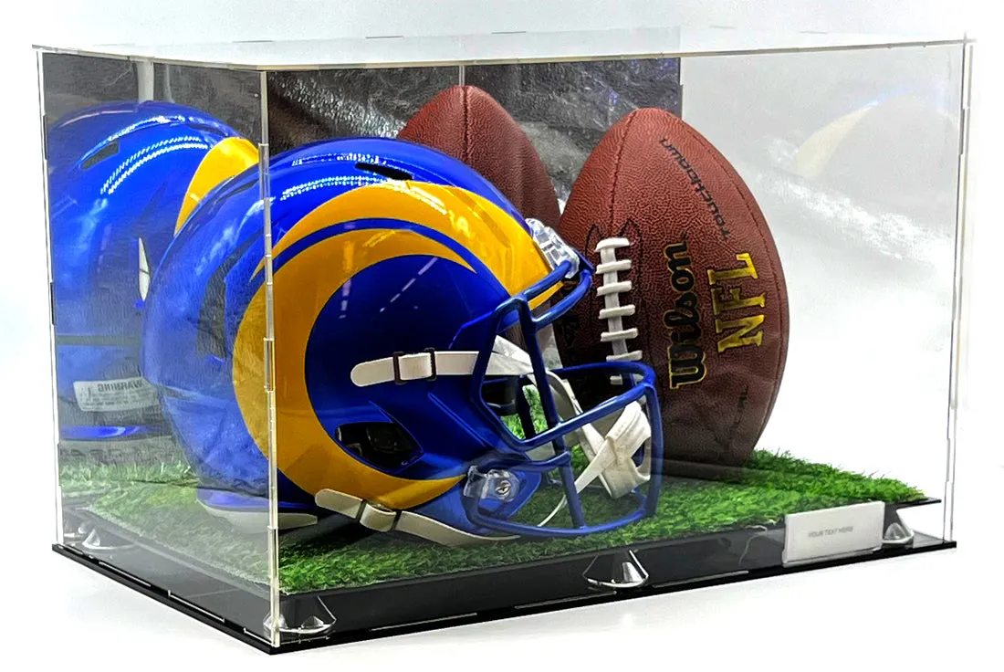 Football Helmet & Ball Acrylic Display Case Box Mirror Artificial Grass Turf 2 Level Showcase 20x12x12