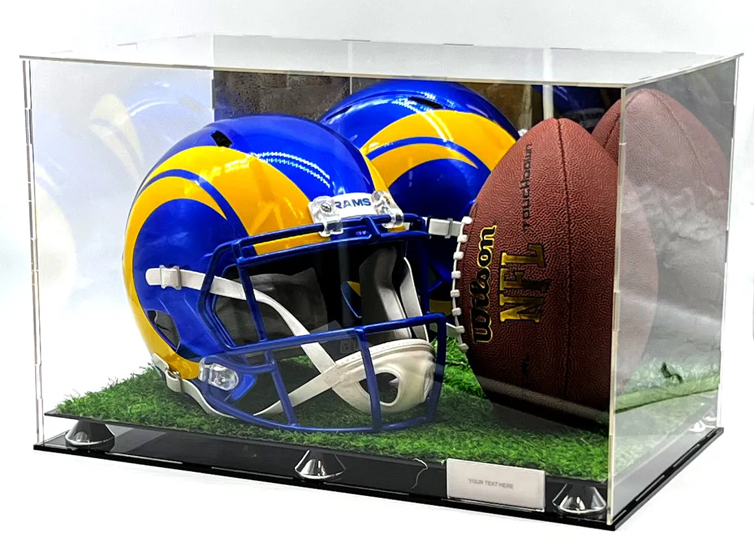 Football Helmet & Ball Acrylic Display Case Box Mirror Artificial Grass Turf 2 Level Showcase 20x12x12