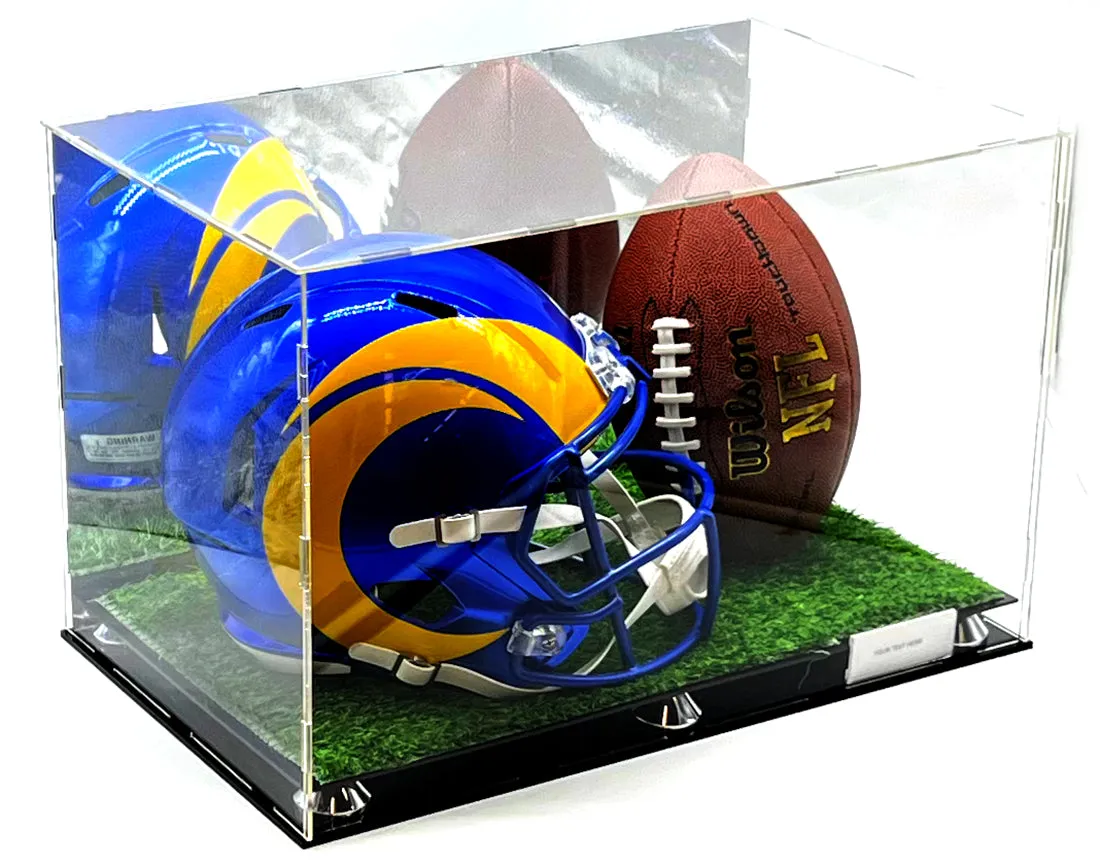 Football Helmet & Ball Acrylic Display Case Box Mirror Artificial Grass Turf 2 Level Showcase 20x12x12