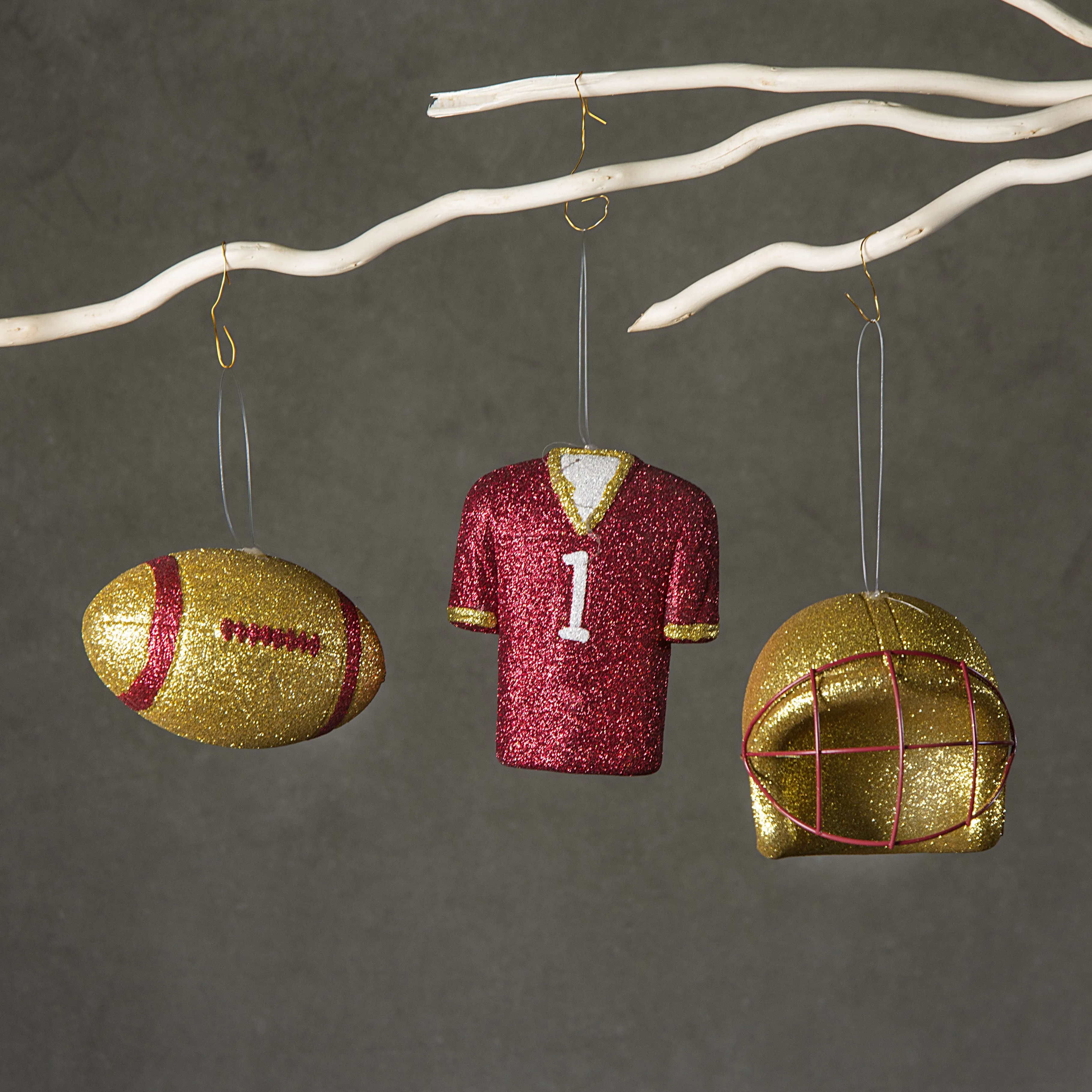 Glitter Football Ornament Assortment: Gold & Crimson (Set of 3)