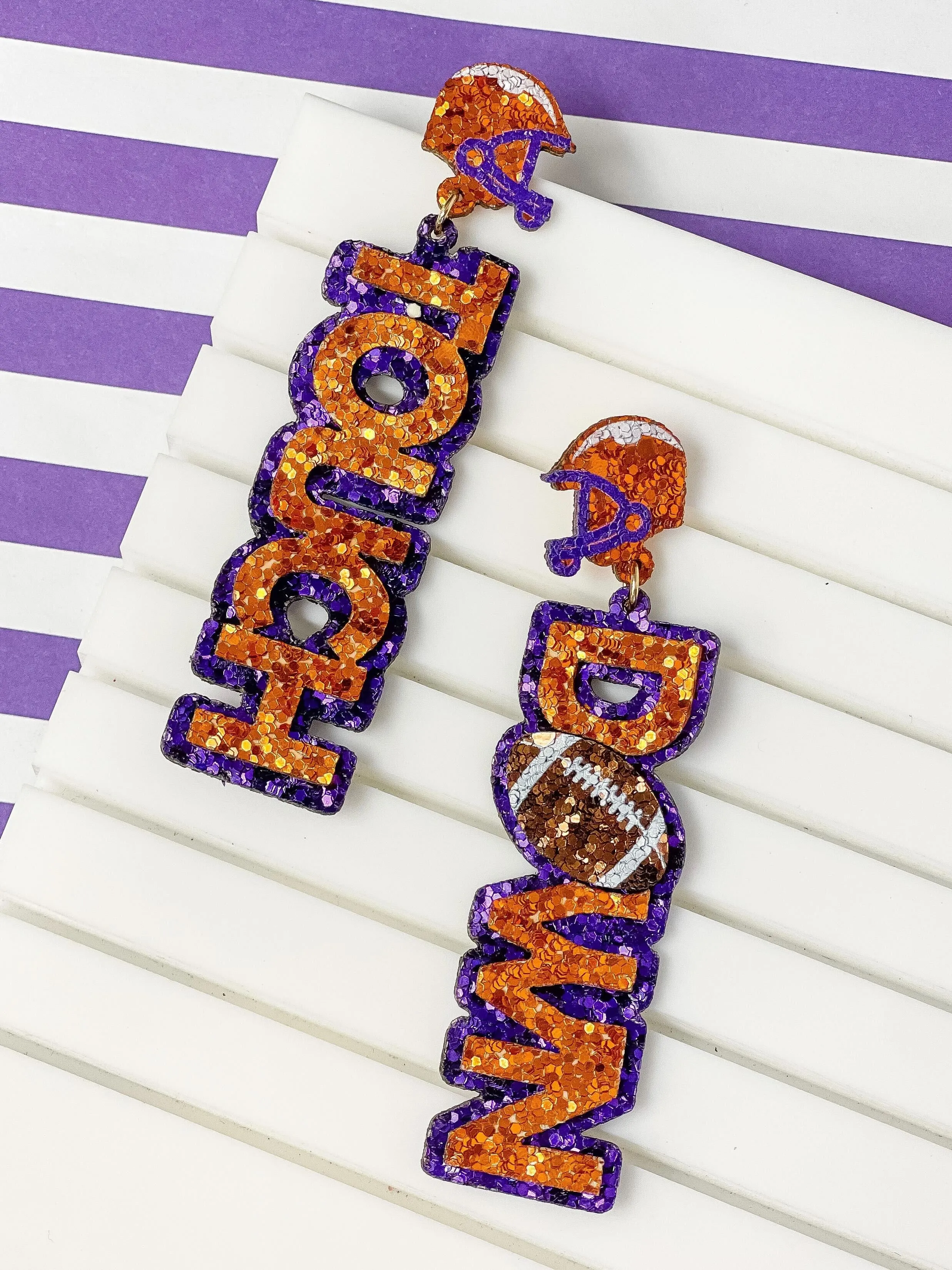 Glitter 'Touch Down' Football Dangle Earrings - Orange & Purple