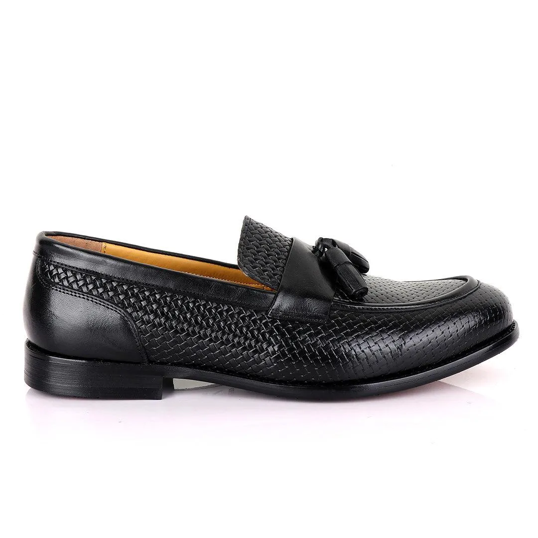 John Mendson Woven Tassel Black Loafers