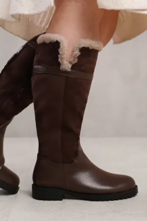 KENDRA WIDE CALF KNEE HIGH BOOTS WITH FUR TRIM AND LINING IN WIDE E FIT IN DARK BROWN SUEDE AND FAUX LEATHER