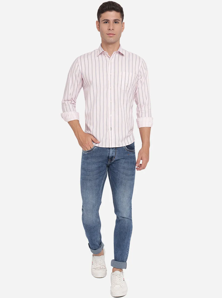 Light Pink Striped Slim Fit Casual Shirt | Greenfibre